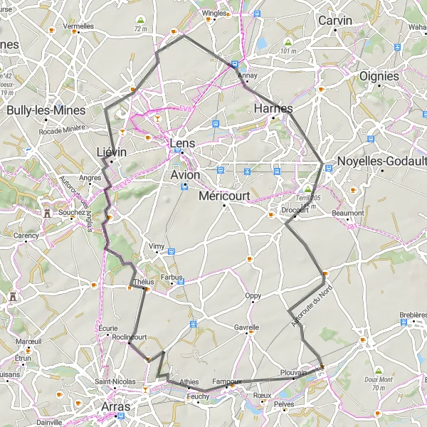 Map miniature of "Roclincourt Road Tour" cycling inspiration in Nord-Pas de Calais, France. Generated by Tarmacs.app cycling route planner