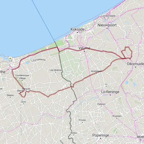 Map miniature of "Bierne - Dunes Marchand - Bray-Dunes - Sint-Niklaastoren - Avekapelle - Stuivekenskerke - Izenberge - Bergues" cycling inspiration in Nord-Pas de Calais, France. Generated by Tarmacs.app cycling route planner