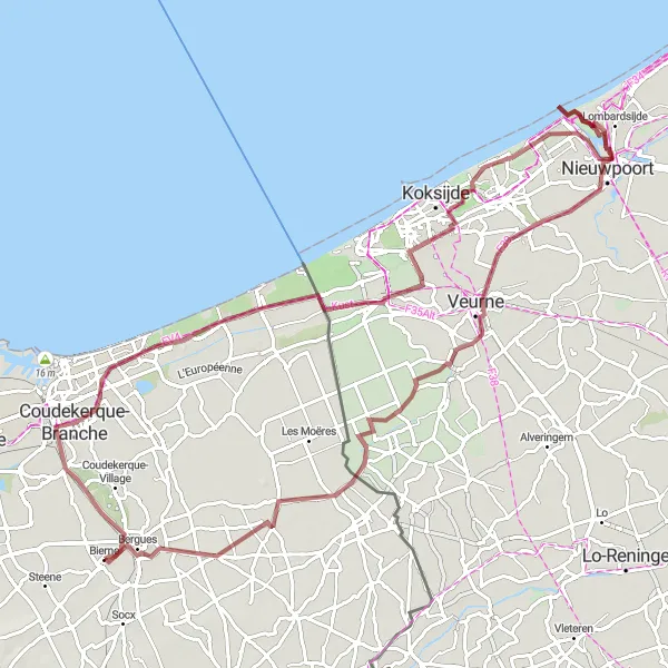 Map miniature of "Coastal Gravel Adventure" cycling inspiration in Nord-Pas de Calais, France. Generated by Tarmacs.app cycling route planner