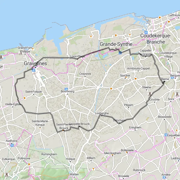 Map miniature of "Bierne - Looberghe - Mannequebeurre - Loon-Plage - Cappelle-la-Grande" cycling inspiration in Nord-Pas de Calais, France. Generated by Tarmacs.app cycling route planner