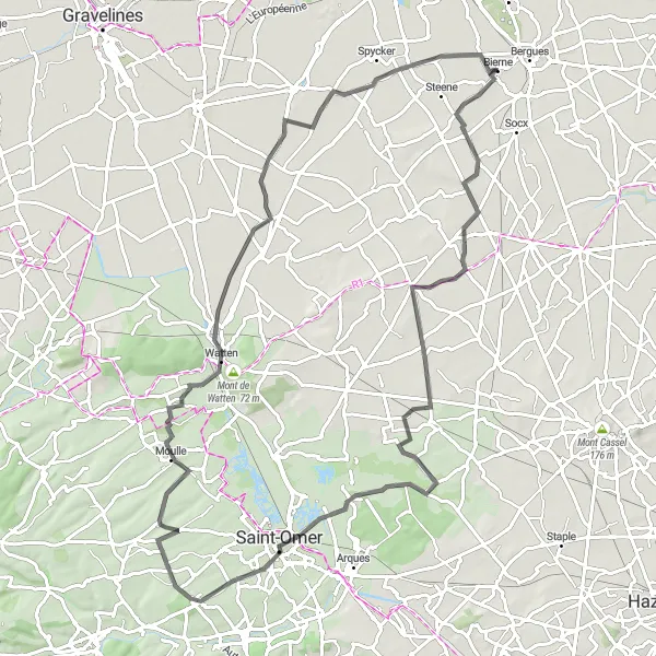 Miniature de la carte de l'inspiration cycliste "Boucle des Marais Audomarois" dans la Nord-Pas de Calais, France. Générée par le planificateur d'itinéraire cycliste Tarmacs.app