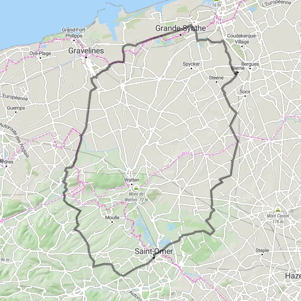 Map miniature of "Scenic Marshlands and Traditional Villages" cycling inspiration in Nord-Pas de Calais, France. Generated by Tarmacs.app cycling route planner