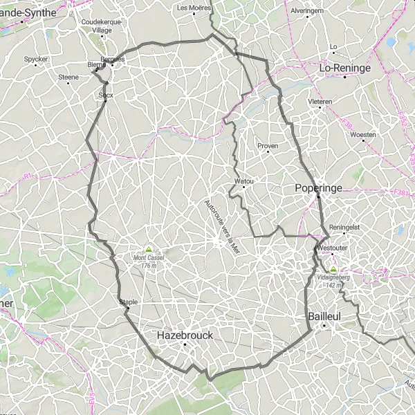 Map miniature of "Explore the Flanders Countryside" cycling inspiration in Nord-Pas de Calais, France. Generated by Tarmacs.app cycling route planner