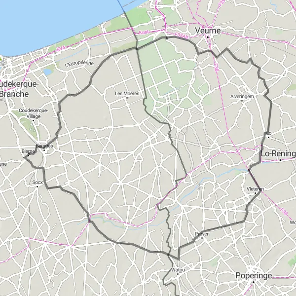 Map miniature of "Bierne - Ghyvelde - Steenkerke - Elzendamme - Herzeele - Quaëdypre" cycling inspiration in Nord-Pas de Calais, France. Generated by Tarmacs.app cycling route planner