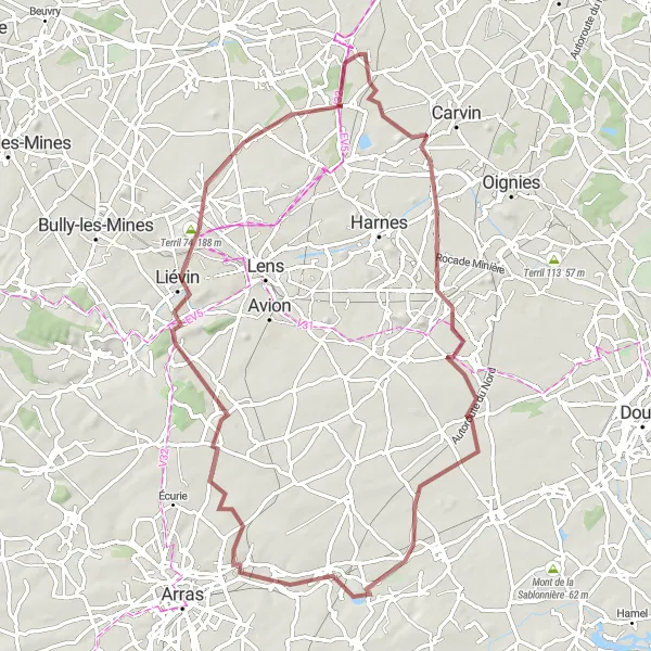 Miniature de la carte de l'inspiration cycliste "Parcours gravel à Fresnes-lès-Montauban et Liévin" dans la Nord-Pas de Calais, France. Générée par le planificateur d'itinéraire cycliste Tarmacs.app