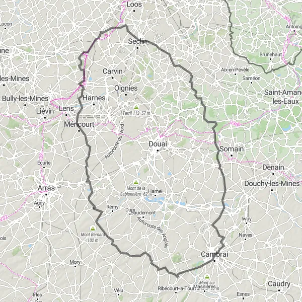 Map miniature of "Bauvin Epic" cycling inspiration in Nord-Pas de Calais, France. Generated by Tarmacs.app cycling route planner