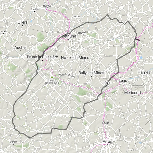 Miniature de la carte de l'inspiration cycliste "Les collines de Billy-Berclau et Béthune" dans la Nord-Pas de Calais, France. Générée par le planificateur d'itinéraire cycliste Tarmacs.app