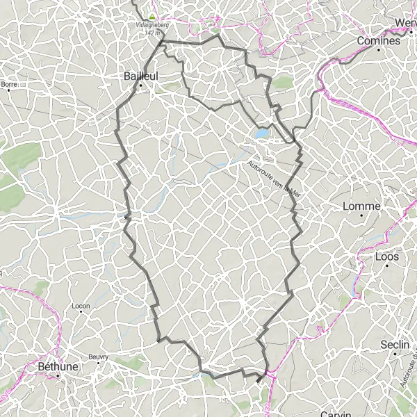 Miniature de la carte de l'inspiration cycliste "Les Montagnes Flamandes" dans la Nord-Pas de Calais, France. Générée par le planificateur d'itinéraire cycliste Tarmacs.app