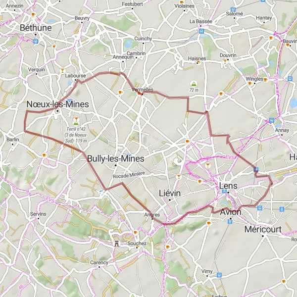 Miniature de la carte de l'inspiration cycliste "Les Terrils en Gravel" dans la Nord-Pas de Calais, France. Générée par le planificateur d'itinéraire cycliste Tarmacs.app