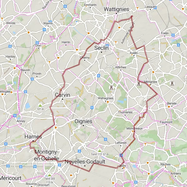 Miniature de la carte de l'inspiration cycliste "Parcours de Gravel Terril 230" dans la Nord-Pas de Calais, France. Générée par le planificateur d'itinéraire cycliste Tarmacs.app