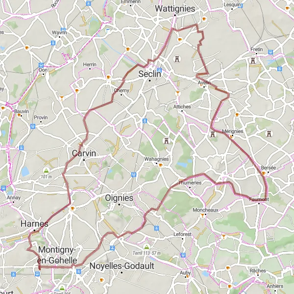 Miniature de la carte de l'inspiration cycliste "Boucle de Gravel Faumont-Hénin-Beaumont" dans la Nord-Pas de Calais, France. Générée par le planificateur d'itinéraire cycliste Tarmacs.app