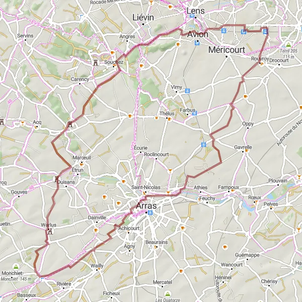 Miniature de la carte de l'inspiration cycliste "Les Châteaux et Terrils" dans la Nord-Pas de Calais, France. Générée par le planificateur d'itinéraire cycliste Tarmacs.app