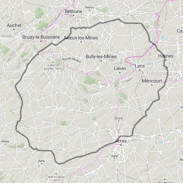 Miniature de la carte de l'inspiration cycliste "Parcours Routier Historique des Terrils" dans la Nord-Pas de Calais, France. Générée par le planificateur d'itinéraire cycliste Tarmacs.app