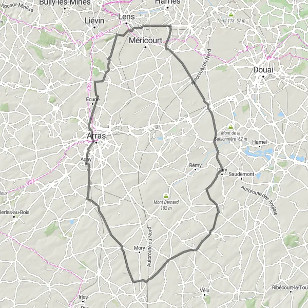 Miniature de la carte de l'inspiration cycliste "La Route des Collines d'Artois" dans la Nord-Pas de Calais, France. Générée par le planificateur d'itinéraire cycliste Tarmacs.app