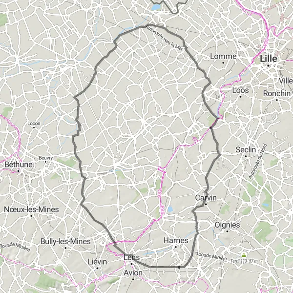 Miniature de la carte de l'inspiration cycliste "Sur les Routes de Festubert" dans la Nord-Pas de Calais, France. Générée par le planificateur d'itinéraire cycliste Tarmacs.app