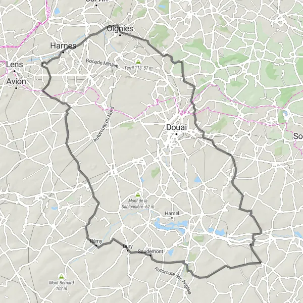 Miniature de la carte de l'inspiration cycliste "Les Collines d'Épinoy" dans la Nord-Pas de Calais, France. Générée par le planificateur d'itinéraire cycliste Tarmacs.app