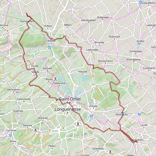 Miniature de la carte de l'inspiration cycliste "Circuit gravel pittoresque autour de Blaringhem" dans la Nord-Pas de Calais, France. Générée par le planificateur d'itinéraire cycliste Tarmacs.app