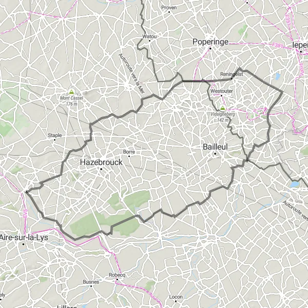 Miniature de la carte de l'inspiration cycliste "Boucle routière entre Blaringhem et Nieuwkerke" dans la Nord-Pas de Calais, France. Générée par le planificateur d'itinéraire cycliste Tarmacs.app