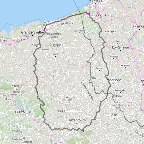 Miniature de la carte de l'inspiration cycliste "Le Tour de la Flandre Intérieure" dans la Nord-Pas de Calais, France. Générée par le planificateur d'itinéraire cycliste Tarmacs.app