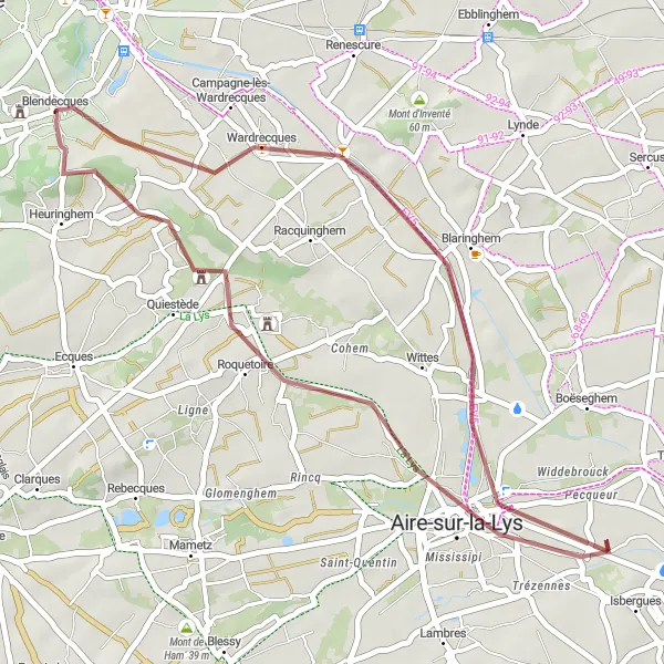 Miniature de la carte de l'inspiration cycliste "Parcours Gravel à Wardrecques" dans la Nord-Pas de Calais, France. Générée par le planificateur d'itinéraire cycliste Tarmacs.app