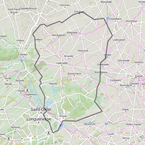 Miniature de la carte de l'inspiration cycliste "Boucle de Saint-Omer" dans la Nord-Pas de Calais, France. Générée par le planificateur d'itinéraire cycliste Tarmacs.app