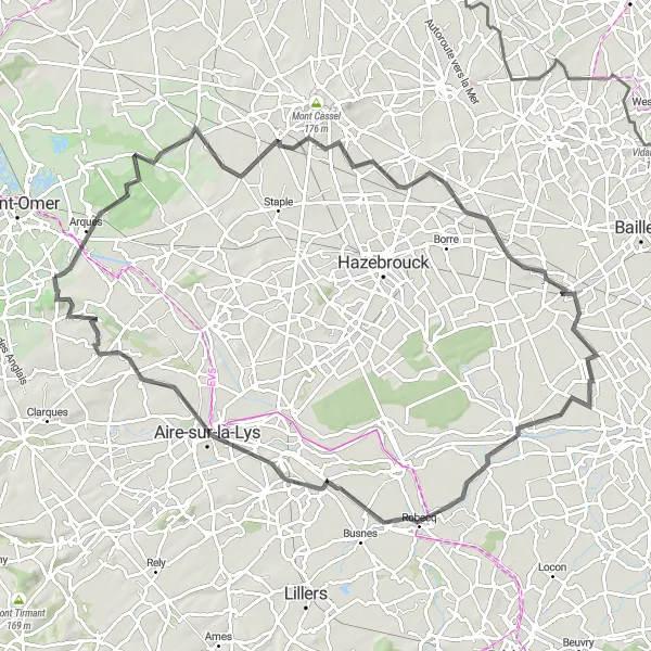 Miniature de la carte de l'inspiration cycliste "Tour des Collines du Nord" dans la Nord-Pas de Calais, France. Générée par le planificateur d'itinéraire cycliste Tarmacs.app