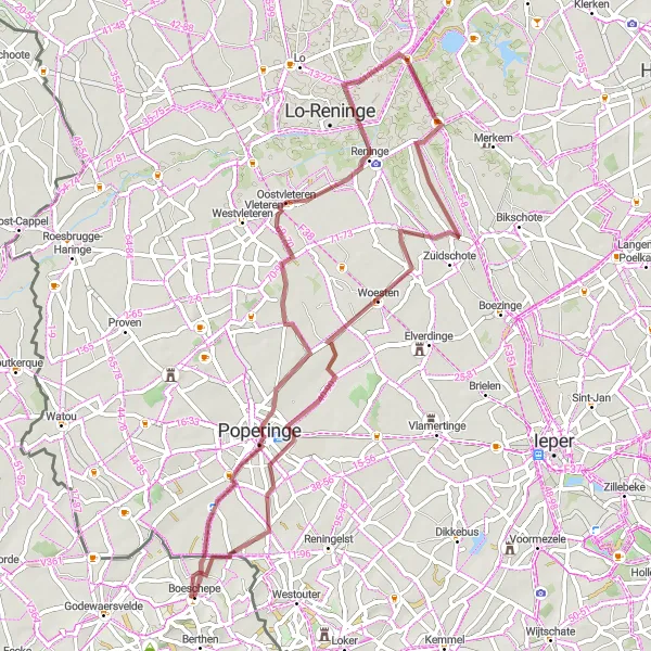 Map miniature of "Boeschepe - Poperinge Gravel Ride" cycling inspiration in Nord-Pas de Calais, France. Generated by Tarmacs.app cycling route planner