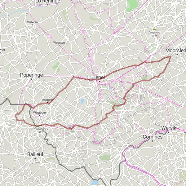 Map miniature of "Boeschepe - Reninghelst Gravel Adventure" cycling inspiration in Nord-Pas de Calais, France. Generated by Tarmacs.app cycling route planner