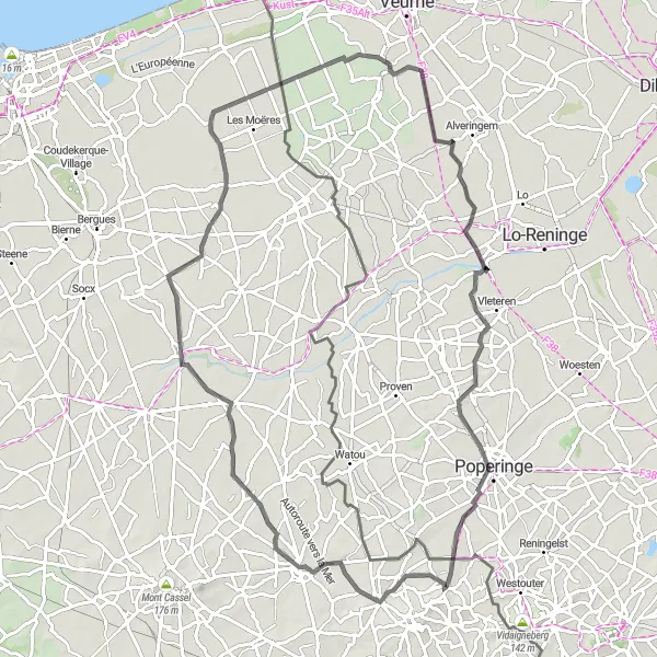 Miniature de la carte de l'inspiration cycliste "Boucle autour de Poperinge et Westvleteren" dans la Nord-Pas de Calais, France. Générée par le planificateur d'itinéraire cycliste Tarmacs.app