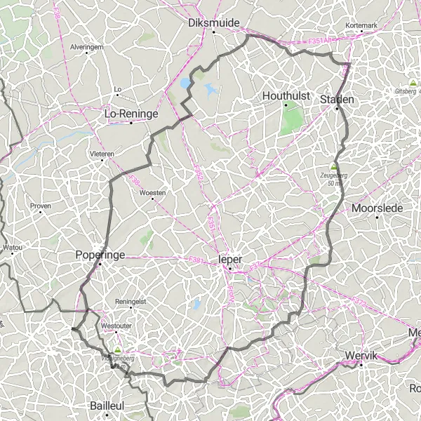 Miniature de la carte de l'inspiration cycliste "Circuit vers Poperinge et Wijtschate" dans la Nord-Pas de Calais, France. Générée par le planificateur d'itinéraire cycliste Tarmacs.app