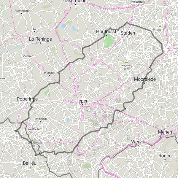 Map miniature of "Boeschepe - Elverdinge Loop" cycling inspiration in Nord-Pas de Calais, France. Generated by Tarmacs.app cycling route planner