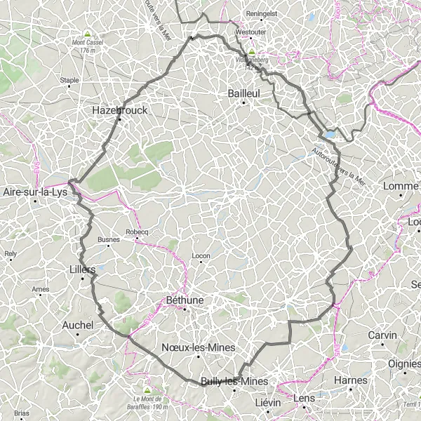 Miniature de la carte de l'inspiration cycliste "Circuit du Mont Noir et des Monts de Flandre" dans la Nord-Pas de Calais, France. Générée par le planificateur d'itinéraire cycliste Tarmacs.app