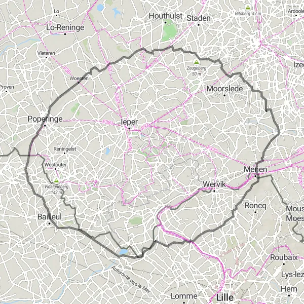 Map miniature of "Boeschepe - Poperinge Loop" cycling inspiration in Nord-Pas de Calais, France. Generated by Tarmacs.app cycling route planner