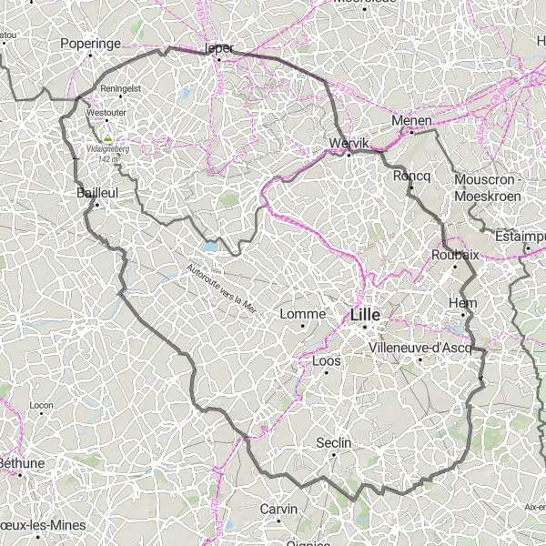 Map miniature of "Boeschepe - Vlamertinge Loop" cycling inspiration in Nord-Pas de Calais, France. Generated by Tarmacs.app cycling route planner