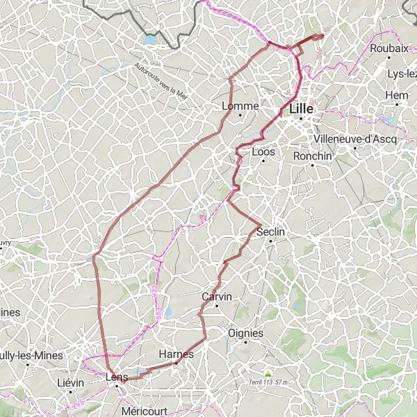 Map miniature of "Bondues Gravel Adventure" cycling inspiration in Nord-Pas de Calais, France. Generated by Tarmacs.app cycling route planner