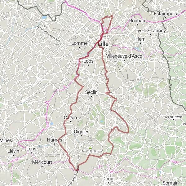 Miniature de la carte de l'inspiration cycliste "Butte du Petit Paradis et Terril 91 Route" dans la Nord-Pas de Calais, France. Générée par le planificateur d'itinéraire cycliste Tarmacs.app