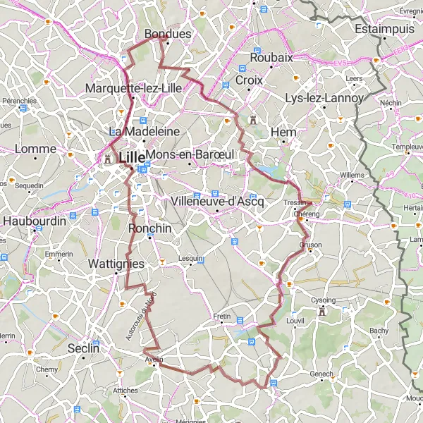 Map miniature of "Bondues to Butte du Petit Paradis Loop" cycling inspiration in Nord-Pas de Calais, France. Generated by Tarmacs.app cycling route planner