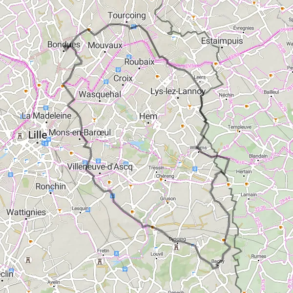Miniature de la carte de l'inspiration cycliste "Tourcoing et Cysoing Road Route" dans la Nord-Pas de Calais, France. Générée par le planificateur d'itinéraire cycliste Tarmacs.app