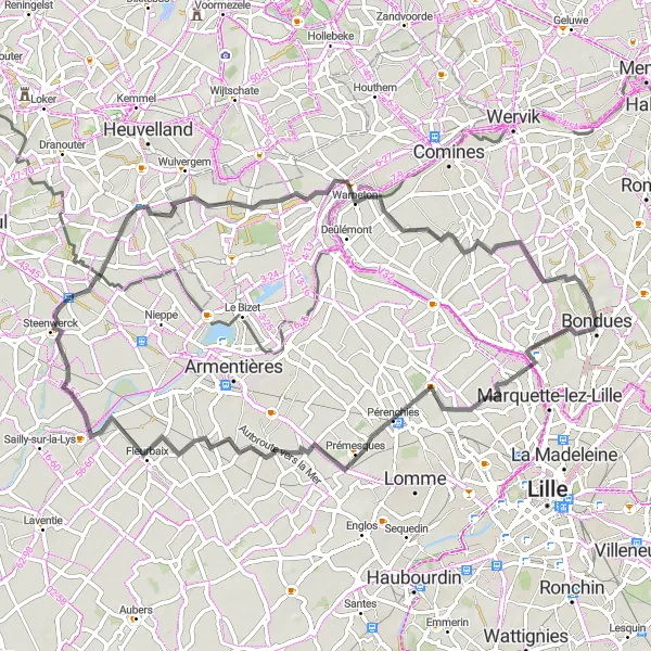 Miniature de la carte de l'inspiration cycliste "La Route des Bunkers" dans la Nord-Pas de Calais, France. Générée par le planificateur d'itinéraire cycliste Tarmacs.app