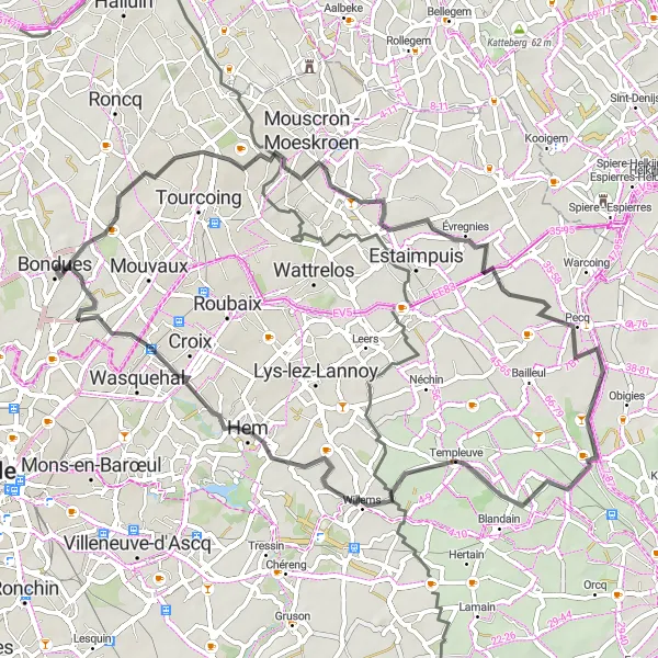 Map miniature of "Mouscron - Moeskroen" cycling inspiration in Nord-Pas de Calais, France. Generated by Tarmacs.app cycling route planner