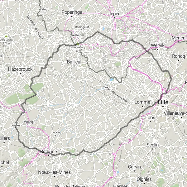 Miniature de la carte de l'inspiration cycliste "La Route du Mont Noir" dans la Nord-Pas de Calais, France. Générée par le planificateur d'itinéraire cycliste Tarmacs.app