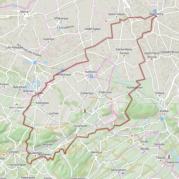 Map miniature of "Gravel Cycling Exploration of Bonningues-lès-Ardres" cycling inspiration in Nord-Pas de Calais, France. Generated by Tarmacs.app cycling route planner