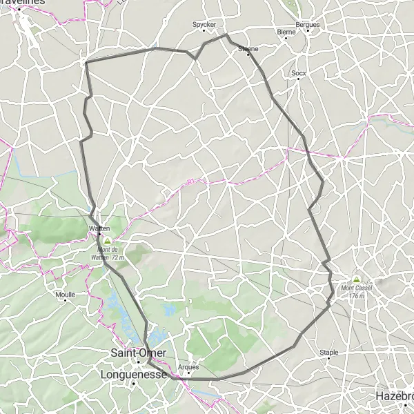 Map miniature of "Sweeping Views and Historic Villages: Road Cycling Loop" cycling inspiration in Nord-Pas de Calais, France. Generated by Tarmacs.app cycling route planner