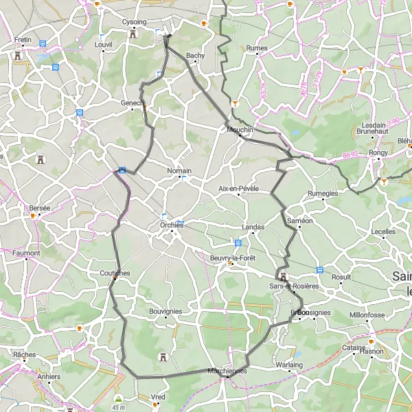 Map miniature of "Enchanting Bourghelles Route" cycling inspiration in Nord-Pas de Calais, France. Generated by Tarmacs.app cycling route planner