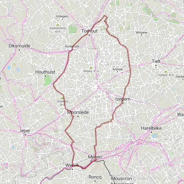 Miniature de la carte de l'inspiration cycliste "Parcours de VTT vers Menen" dans la Nord-Pas de Calais, France. Générée par le planificateur d'itinéraire cycliste Tarmacs.app