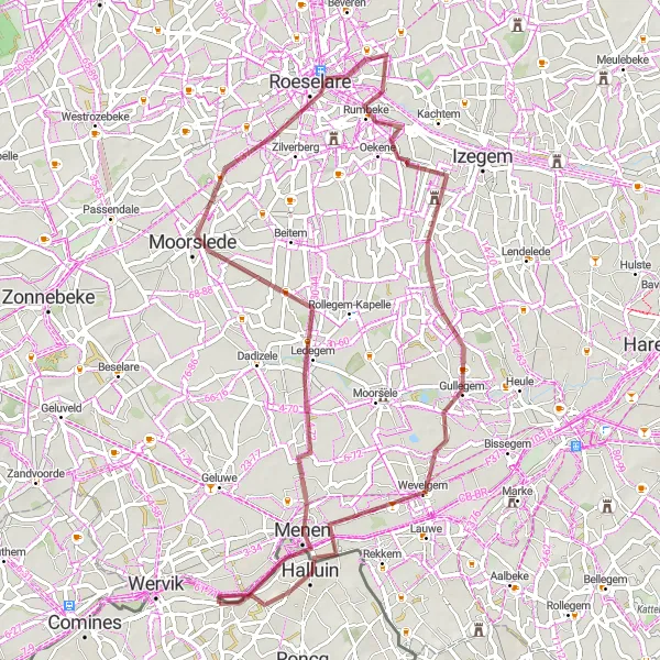 Miniature de la carte de l'inspiration cycliste "Circuit VTT à travers Roeselare" dans la Nord-Pas de Calais, France. Générée par le planificateur d'itinéraire cycliste Tarmacs.app