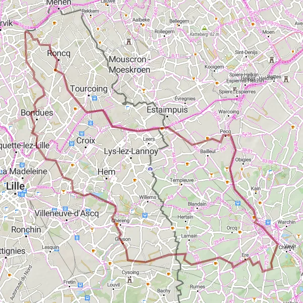 Map miniature of "Roncq and Chéreng Gravel Adventure" cycling inspiration in Nord-Pas de Calais, France. Generated by Tarmacs.app cycling route planner