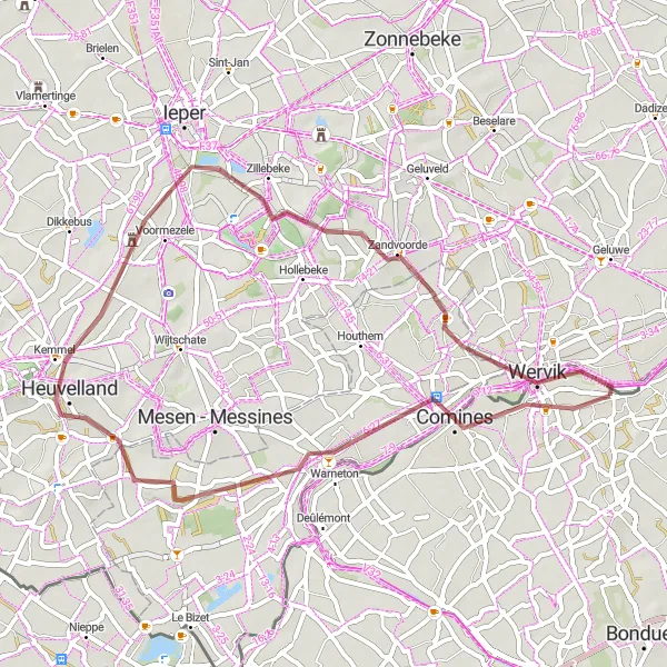 Miniature de la carte de l'inspiration cycliste "Gravel Tour to Wervik and Zillebeke" dans la Nord-Pas de Calais, France. Générée par le planificateur d'itinéraire cycliste Tarmacs.app