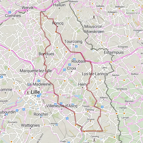 Miniature de la carte de l'inspiration cycliste "Les Collines du Nord en gravier" dans la Nord-Pas de Calais, France. Générée par le planificateur d'itinéraire cycliste Tarmacs.app