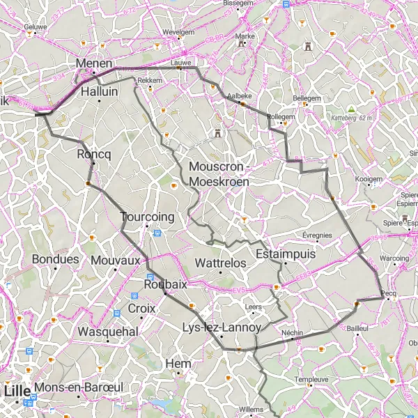 Map miniature of "Halluin and Roubaix Loop" cycling inspiration in Nord-Pas de Calais, France. Generated by Tarmacs.app cycling route planner